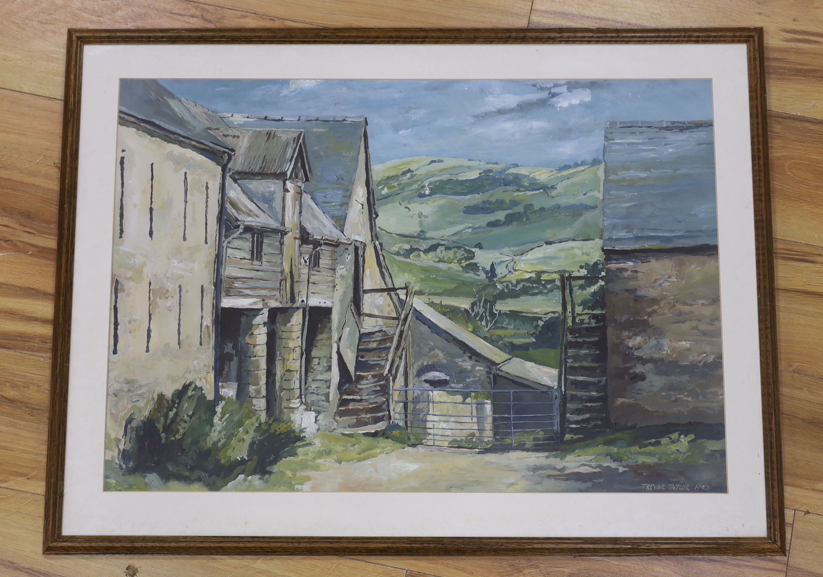 Trevor Taylor, oil on paper, Rural landscape with farm buildings, signed and dated 1990, 72 x 50cm